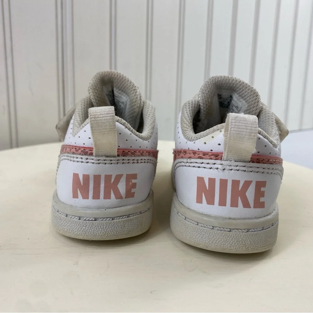 Nike Toddler Leather Court Borough White Sneakers with Pink Cheetah Swoosh Sz 5C